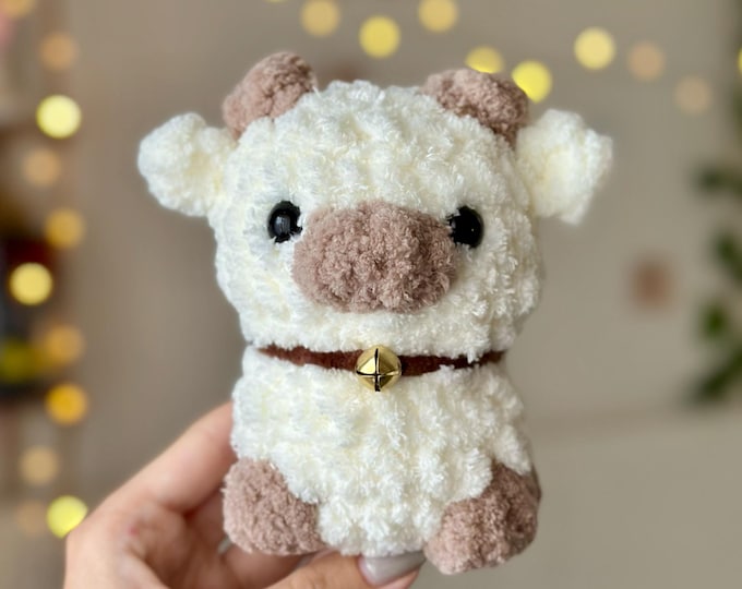 Fluffy Beige and Brown Cow Plushie – cute Crochet Stuffed Animal with Bell collar, Kawaii Cow toy, cozy Farm Animal plush Gift