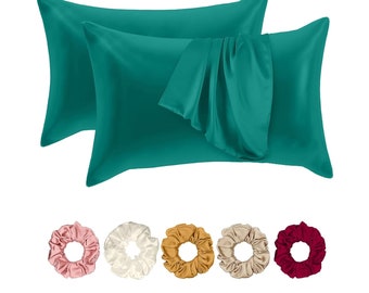 100% Silk Pillow Covers Set with Scrunchies | 600 TC Silk Pillow Cases | Anti-Wrinkle & Hypoallergenic | 2-Pack + 5 Scrunchies