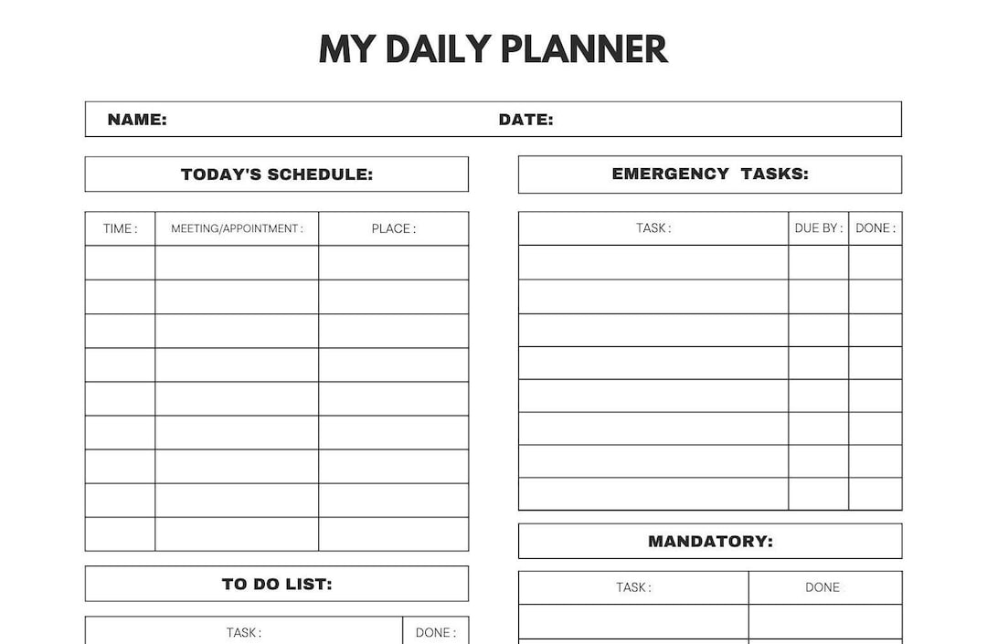 Professional Printable Daily Planner for Work Black and White Etsy