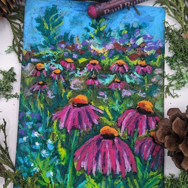 Original 5x7 Oil Pastel Painting, Flower Soft Pastel Drawing