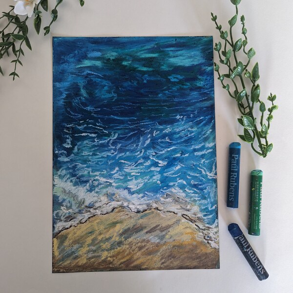 Original Ocean Oil Pastel Drawing