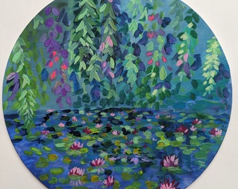 Original Round Gouache Painting - 10x10 Water Lilies and Willow Tree Vines