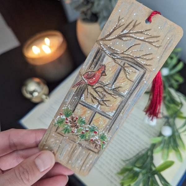 Original color pencil and ink Cardinal Bookmark, Red Cardinal Bookmark, Winter Bookmarks, Window Display Art