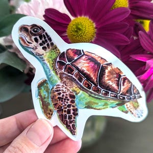 Kleurrijke vinylsticker zeeschildpad voor flessen water, tijdschriften, laptops Stickers, groene zeeschildpaddenkunstwerk, aquarel sticker oceaanschildpad