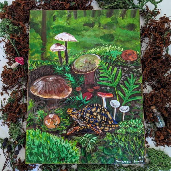 Original Acrylic Painting - Forest Floor with Box Turtle in moss