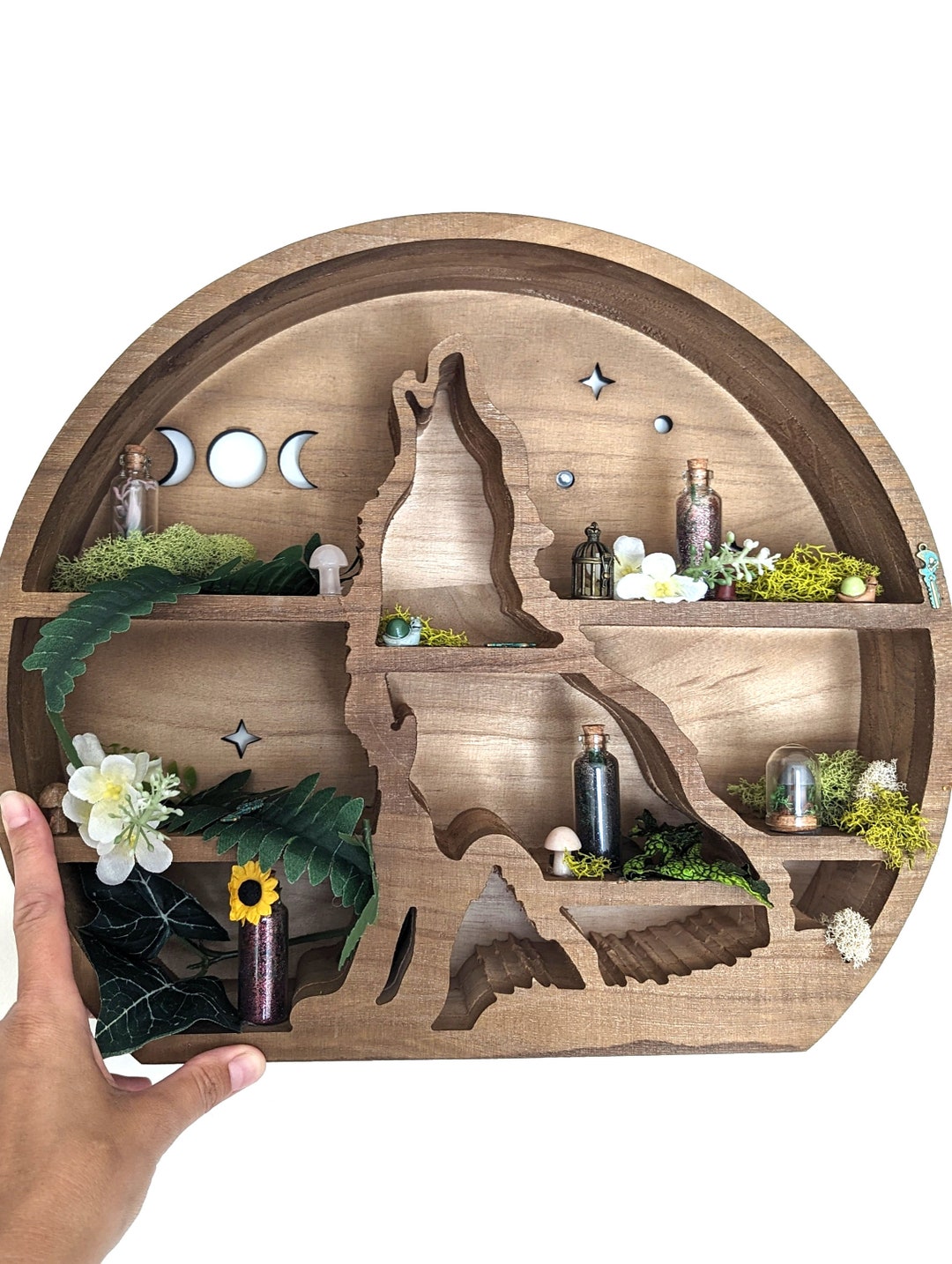 Table Top Decor Howling Wolf Moon Shelves Moss Wall Art Display Shelf