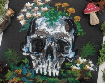 Original Oil Pastel Painting, Skull Soft Pastel Drawing, Forest Floor