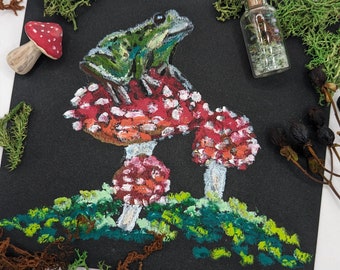 Original Oil Pastel Painting, Frog on red mushroom Soft Pastel Drawing, Forest Floor, Amphibian Art