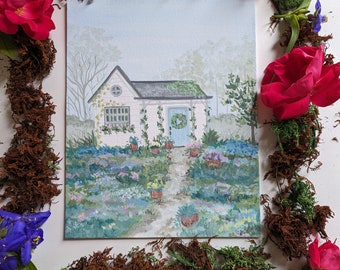 Original Garden Gouache Painting on Flat Canvas, Garden Shed Painting, Gouache Painting, Art Print