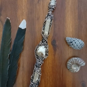 Petrified Wood, Garnet & Spirit Quartz Wand 10&quot;, Altar Wand, Ritual tool, Copper and Crystal wand