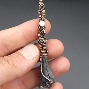 Kat&#39;s Eye, Black Kyanite & Raw Copper mini Broomstick Pendant, Altar tool, Altar Wand, Witch&#39;s Broom, magic wand, copper necklace