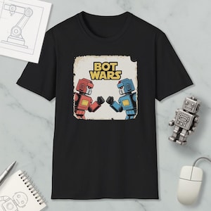 T-shirt avec texte nostalgique de jeu rétro de robot de Bot Wars, t-shirt de robot, t-shirt de science-fiction, t-shirt de science-fiction vintage, t-shirts graphiques, chemise nerd