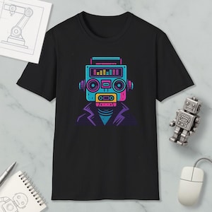 T-shirt nerd robot Boombox Brain, chemise robot rétro, t-shirt science-fiction, t-shirt science-fiction vintage, chemise graphique, t-shirt stéréo