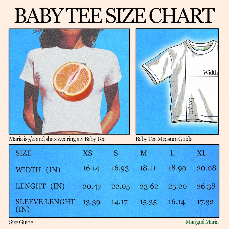 Puede incluir: Una tabla de tallas para camisetas de beb&eacute; con medidas en pulgadas para el ancho, la longitud y la longitud de la manga. La tabla incluye las tallas XS, S, M, L y XL.