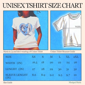 May include: Unisex t-shirt size chart with measurements in inches for width, length, and sleeve length. The chart shows sizes XS, S, M, L, XL, and 2XL.