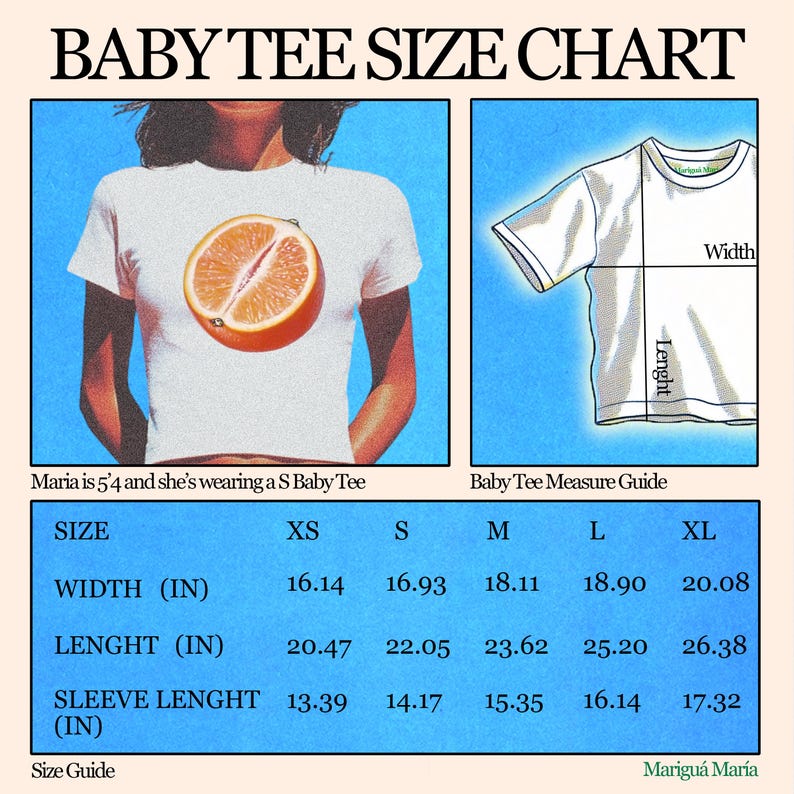 May include: A size chart for baby tees with measurements in inches for width, length, and sleeve length. The chart includes sizes XS, S, M, L, and XL.