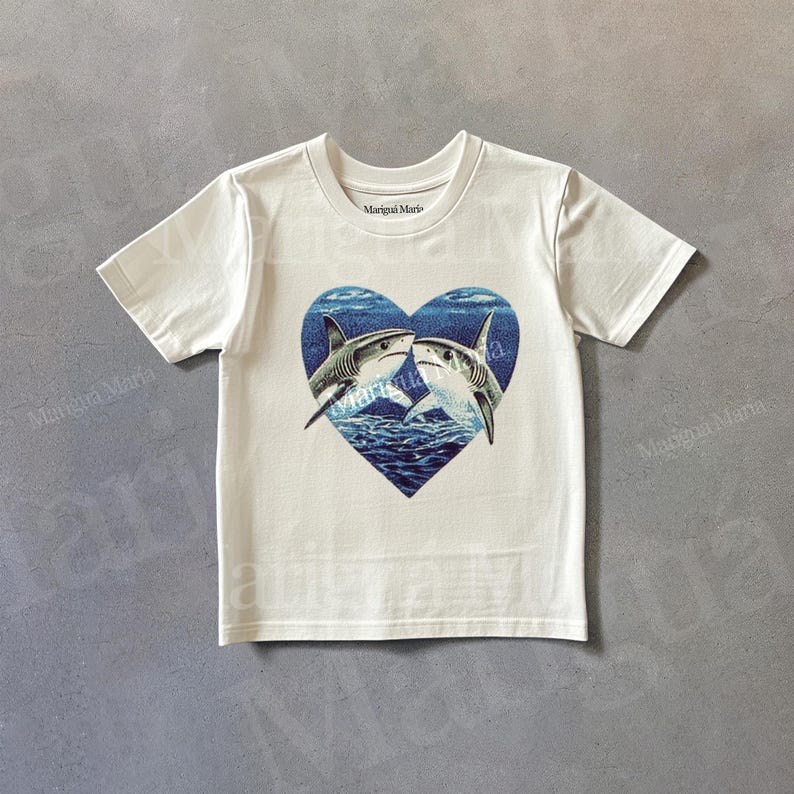 May include: White t-shirt with a blue heart graphic featuring two sharks kissing. The text "Margaux Maris" is printed on the shirt.