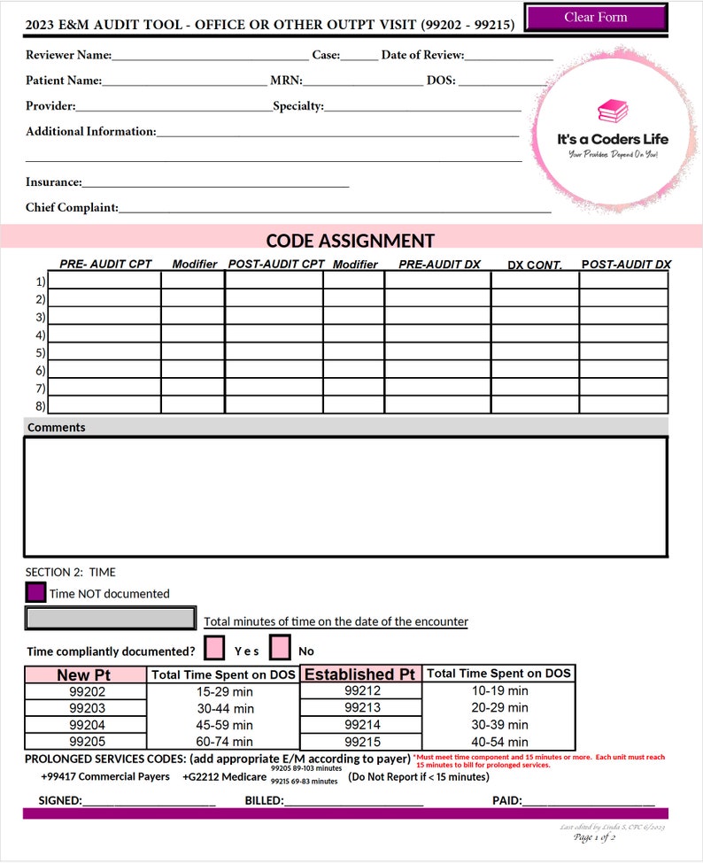 AMA 2023 FILLABLE PDF Outpatient E/M Audit Tool Worksheet. Improve Data ...