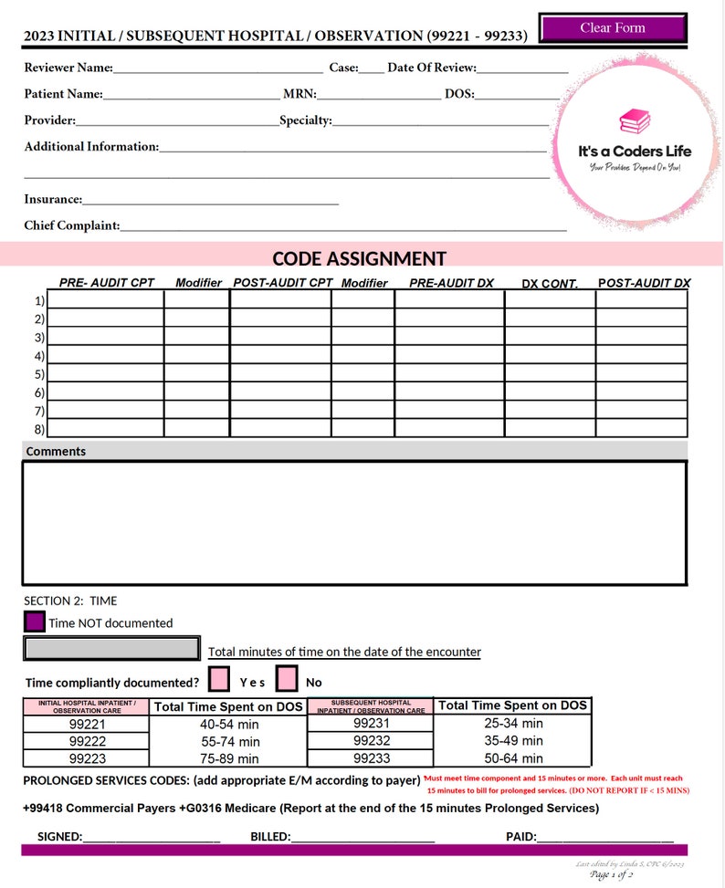 AMA 2023 FILLABLE PDF E/M Initial - Subsequent Hospital or Observation ...