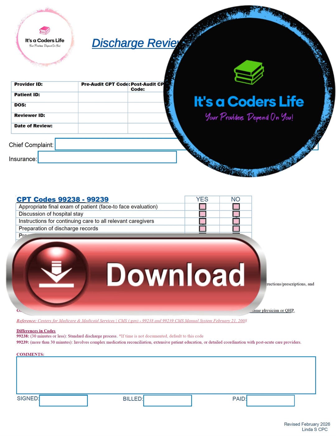 DISCHARGE Fillable Worksheet Codes 99238 and 99239 - Etsy
