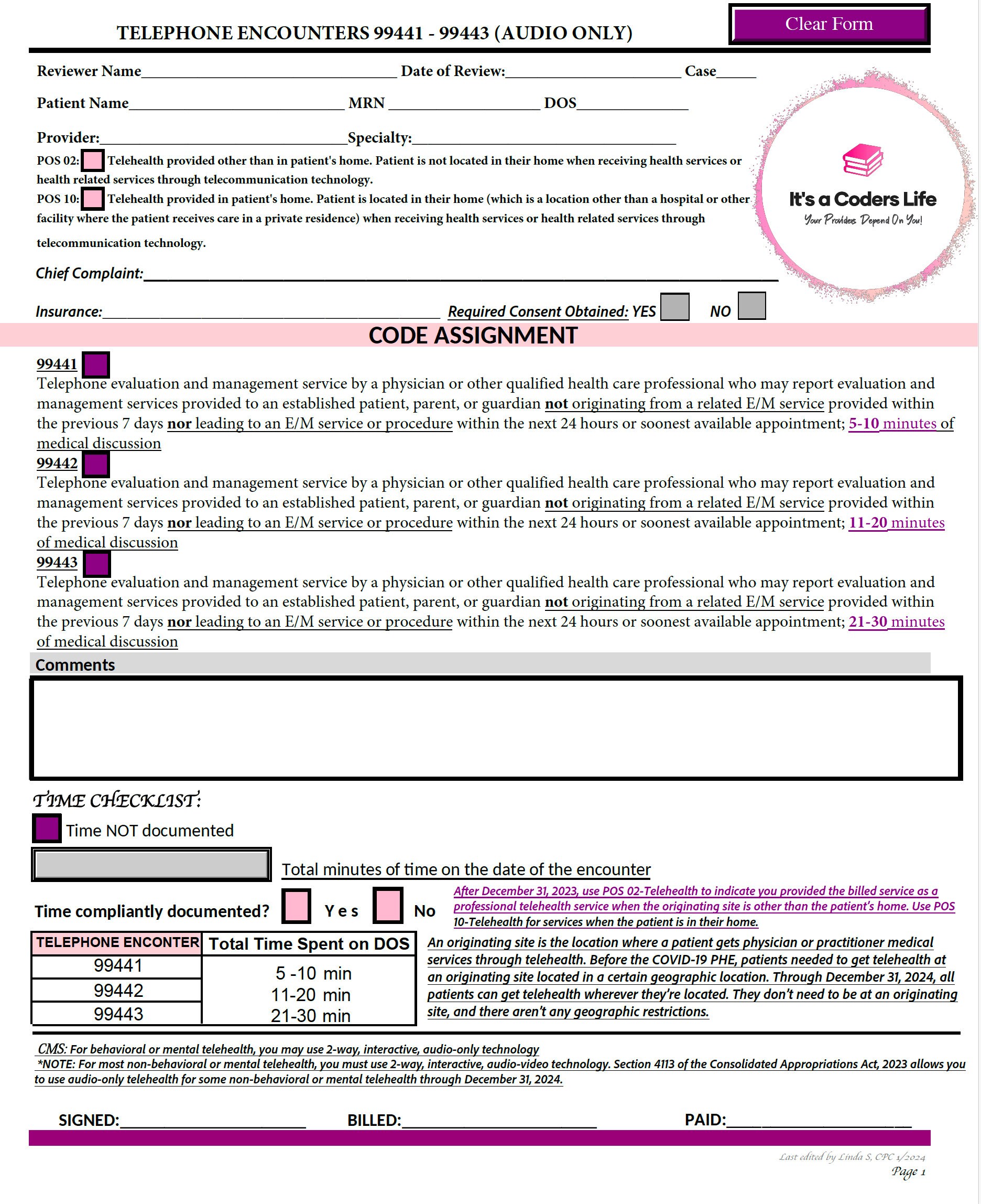 Telehealth Telephone Encounters (Audio Only) Worksheet (99441 - 99443) (DIGITAL DOWNLOAD)