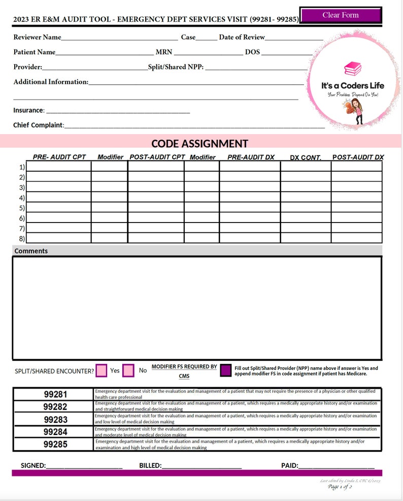 AMA 2023 FILLABLE PDF Emergency Room E/M Audit Tool. Improve - Etsy