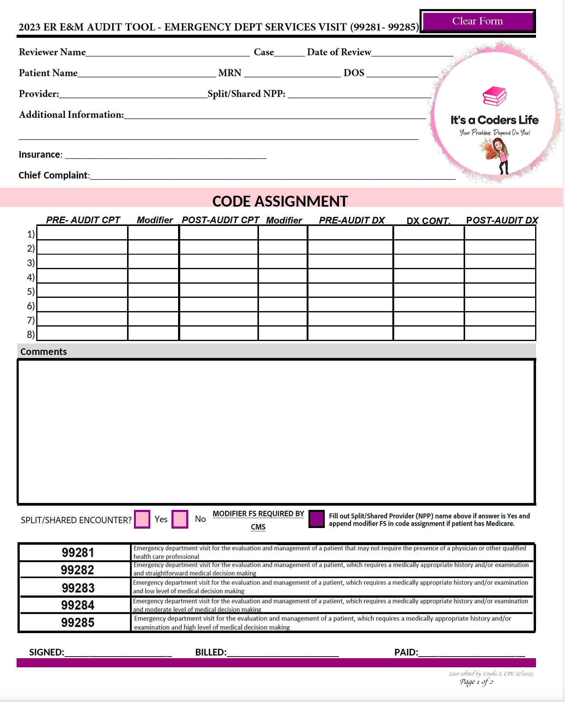 AMA 2023 FILLABLE PDF Emergency Room E/M Audit Tool. Improve - Etsy