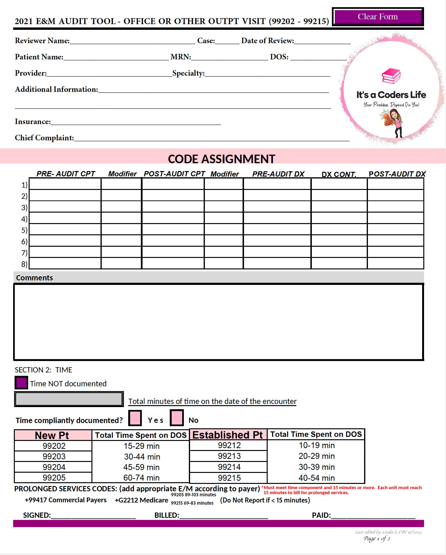 AMA 2021 FILLABLE PDF Outpatient E/M Audit Tool Worksheet. Improve Data ...