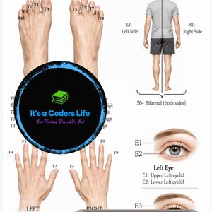 Puede incluir: Guía de modificadores anatómicos con ilustraciones de pies, manos y una figura humana. La guía incluye etiquetas para las partes del cuerpo y un botón de "Descargar". El texto "It's a Coders Life" también está presente.