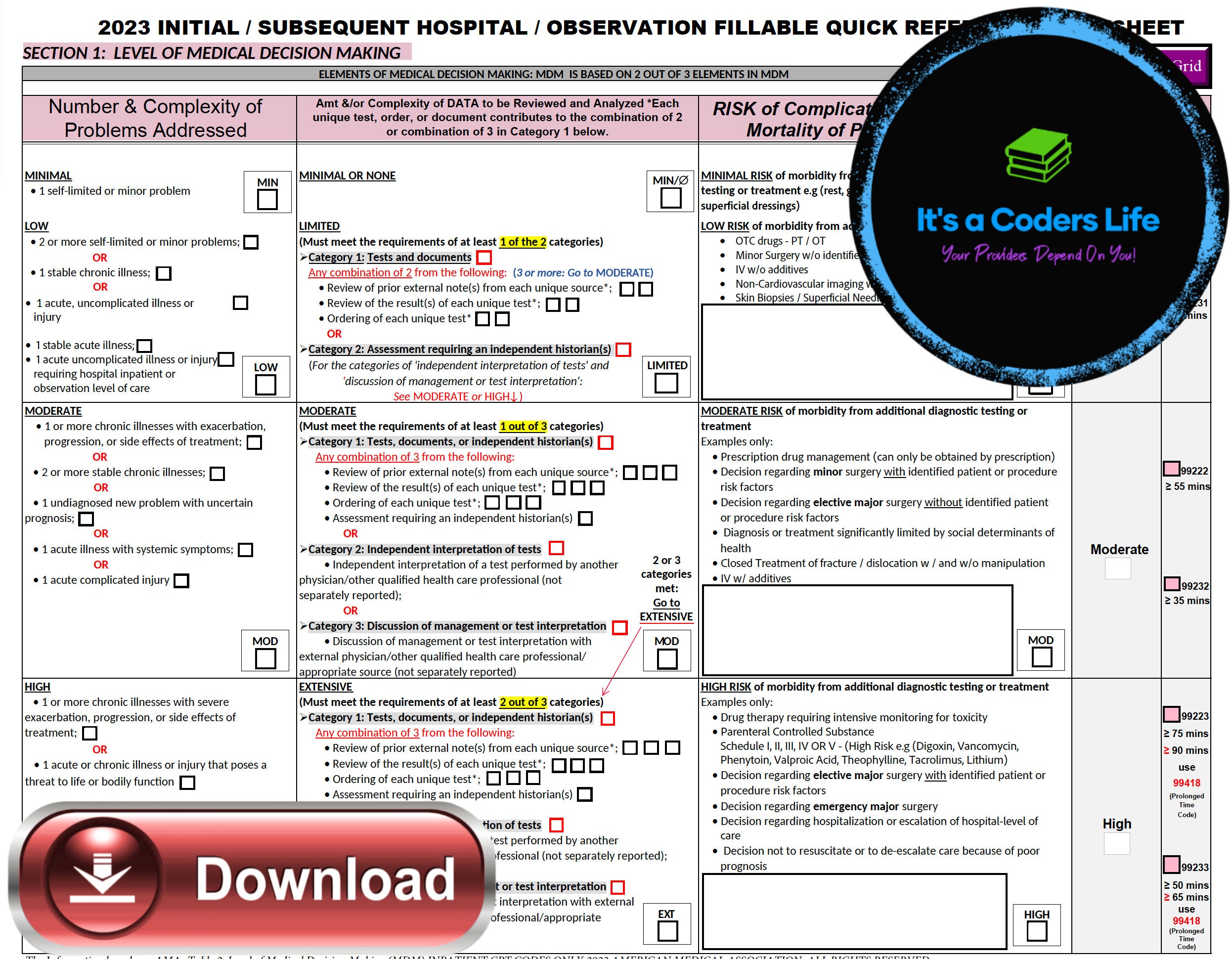 AMA 2023 FILLABLE PDF E/M Initial - Subsequent Hospital or Observation ...