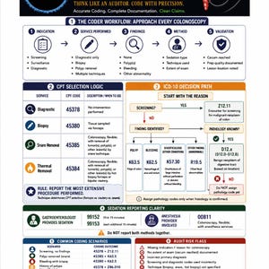 May include: An infographic detailing colonoscopy coding, including workflows, CPT codes, and ICD-10 decision paths. The design uses a blue, white, and red colour scheme. It provides guidance for accurate coding and documentation.