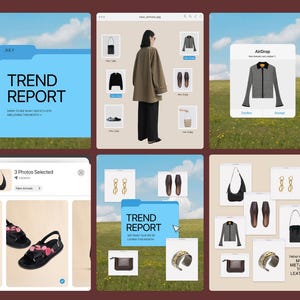 Puede incluir: Un collage digital con artículos de moda. Incluye una chaqueta, sandalias, bolsos, joyas y zapatos. El texto "TREND REPORT" es visible, junto con "MIXING METALS & TONAL LEATHER". El fondo es un cielo azul y hierba verde.