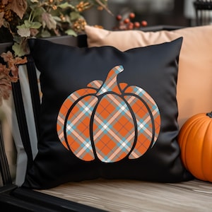 Kürbis kariertes Kissen, Herbst-Herbst-Dekor, Erntedank-Kissen, Ernte-Dekor-Geschenk, Halloween-Kissen, gesponnenes quadratisches Polyester-Kissen