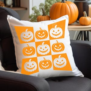 Pumpkin Halloween Pillow, Jack O Lantern Halloween Gift, Halloween Throw Pillow, Polyester Square Pillow, Pumpkin Checkered Spooky Pillows