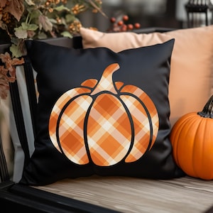 Kürbis kariertes Kissen, Herbst-Herbst-Dekor, Erntedank-Kissen, Ernte-Dekor-Geschenk, Halloween-Kissen, gesponnenes quadratisches Polyester-Kissen