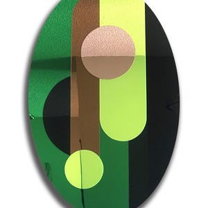May include: Abstract oval-shaped painting with geometric shapes in green, black, brown, and yellow.