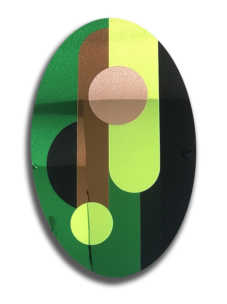 May include: Abstract oval-shaped painting with geometric shapes in green, black, brown, and yellow.