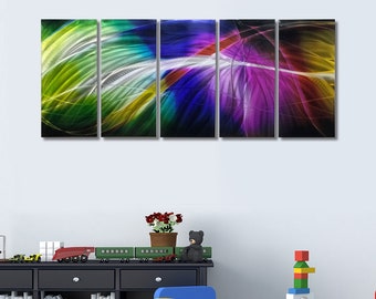 Flerfärgad rörelseväggkonst i metall / Abstrakt aluminiumskulptur / 152 x 61 cm