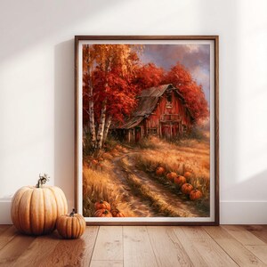 Rustic Autumn Red Barn Wall Art Digital Download, Cozy Pumpkin Patch Dirt Road Painting Print, Fall Birch Trees Countryside Decor