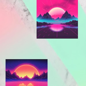 May include: A digital sticker pack featuring four square illustrations with a retro synthwave aesthetic. Each image displays a vibrant pink and purple sunset over mountains, palm trees, and a glowing grid landscape. Text reads: DIGITAL STICKER PACK - INSTANT DOWNLOAD.