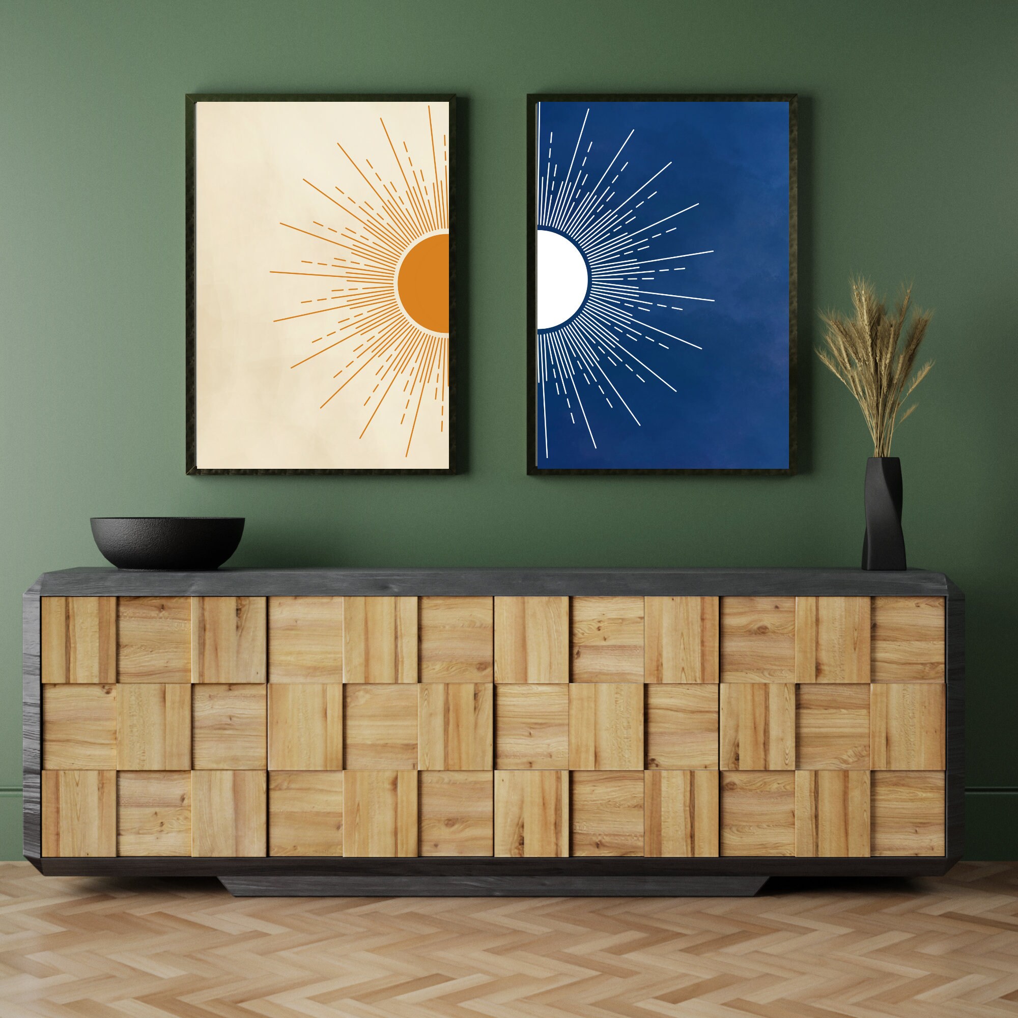 Sun and Moon Wall Art Set of 2, Day and Night Prints, Navy Blue Burnt ...