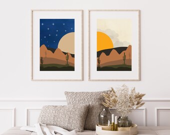Woestijnprint, cactusprint, bohokunst, printset van 2, decoratieve muurkunst, zon en maan, eclectische muurkunst, afdrukbare moderne kunst halverwege de eeuw