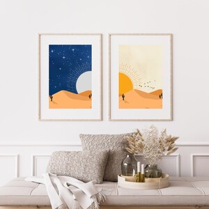 Conjunto de láminas decorativas para pared con diseño de sol y luna en el desierto, estilo bohemio de mediados de siglo (descarga digital)