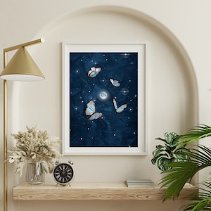 Butterfly Wall Decor,Blue Wall Art,Moon&Butterfly Aesthetic Room Decor,Trendy Aesthetic Poster,Blue Butterfly Wall Art,Printable  Wall Art