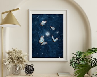 Butterfly Wall Decor,Blue Wall Art,Moon&Butterfly Aesthetic Room Decor,Trendy Aesthetic Poster,Blue Butterfly Wall Art,Printable  Wall Art