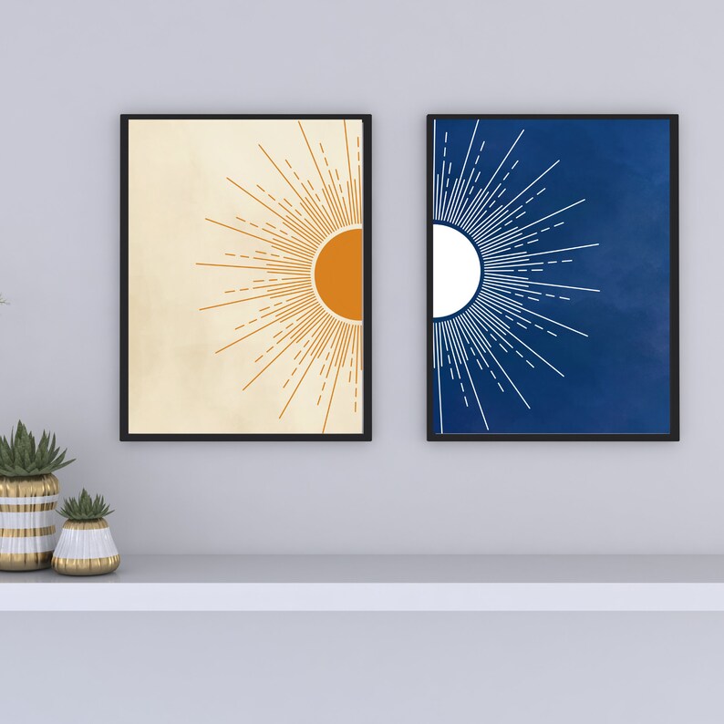 Sun and Moon Wall Art Set of 2, Day and Night Prints, Navy Blue Burnt ...