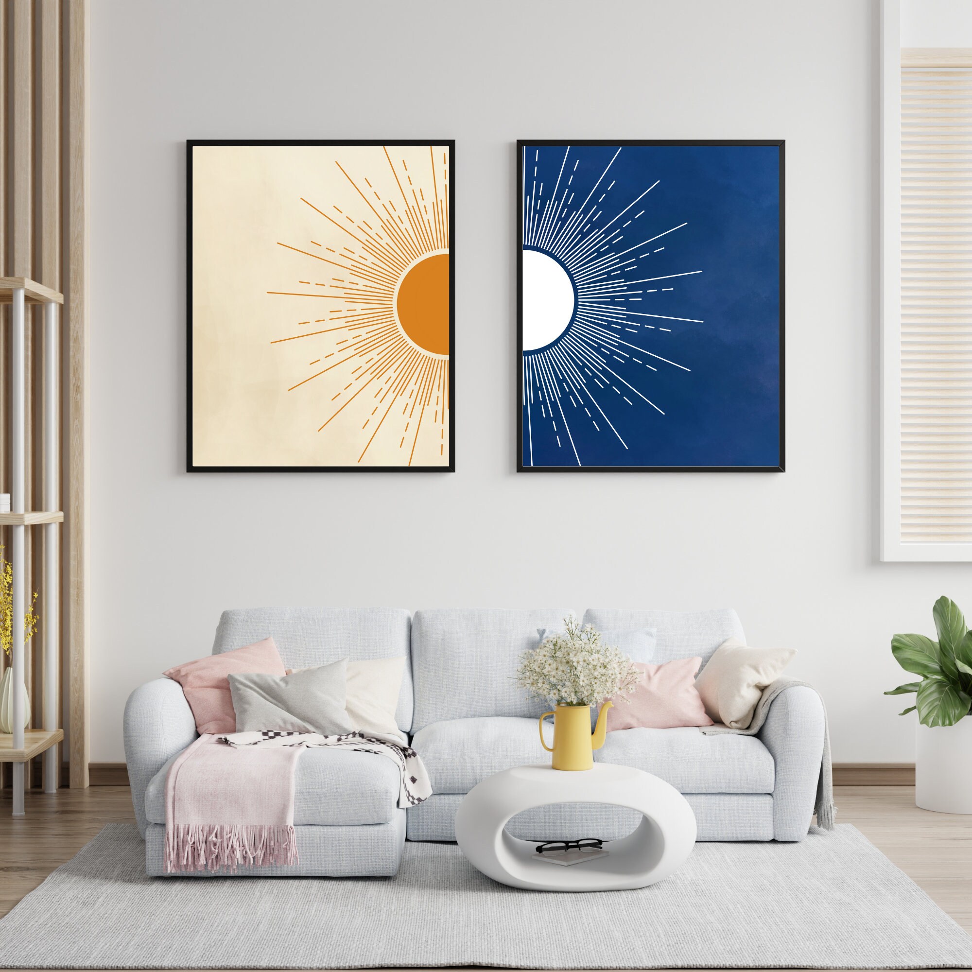 Sun and Moon Wall Art Set of 2, Day and Night Prints, Navy Blue Burnt ...