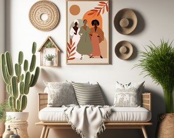 Stampa artistica di metà secolo, stampe artistiche in stile boho, stampa artistica di donna boho, opera d'arte beige-arancio, arte murale stampabile, download immediato, arte di tre donne