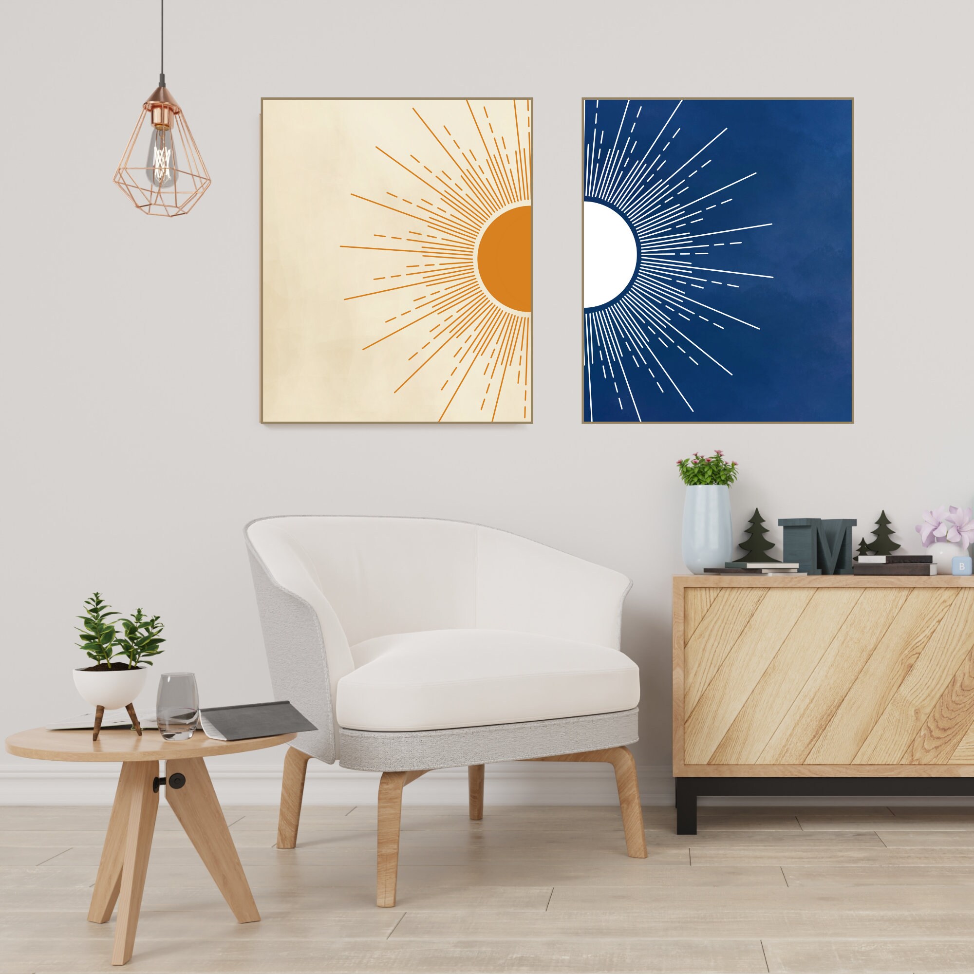 Sun and Moon Wall Art Set of 2, Day and Night Prints, Navy Blue Burnt ...