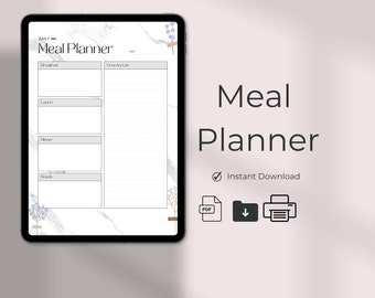 Daily Meal Planner with Grocery List Printable Template, 7 Day Menu Plan, Food Planner, Health & Fitness 8x11.5 inches
